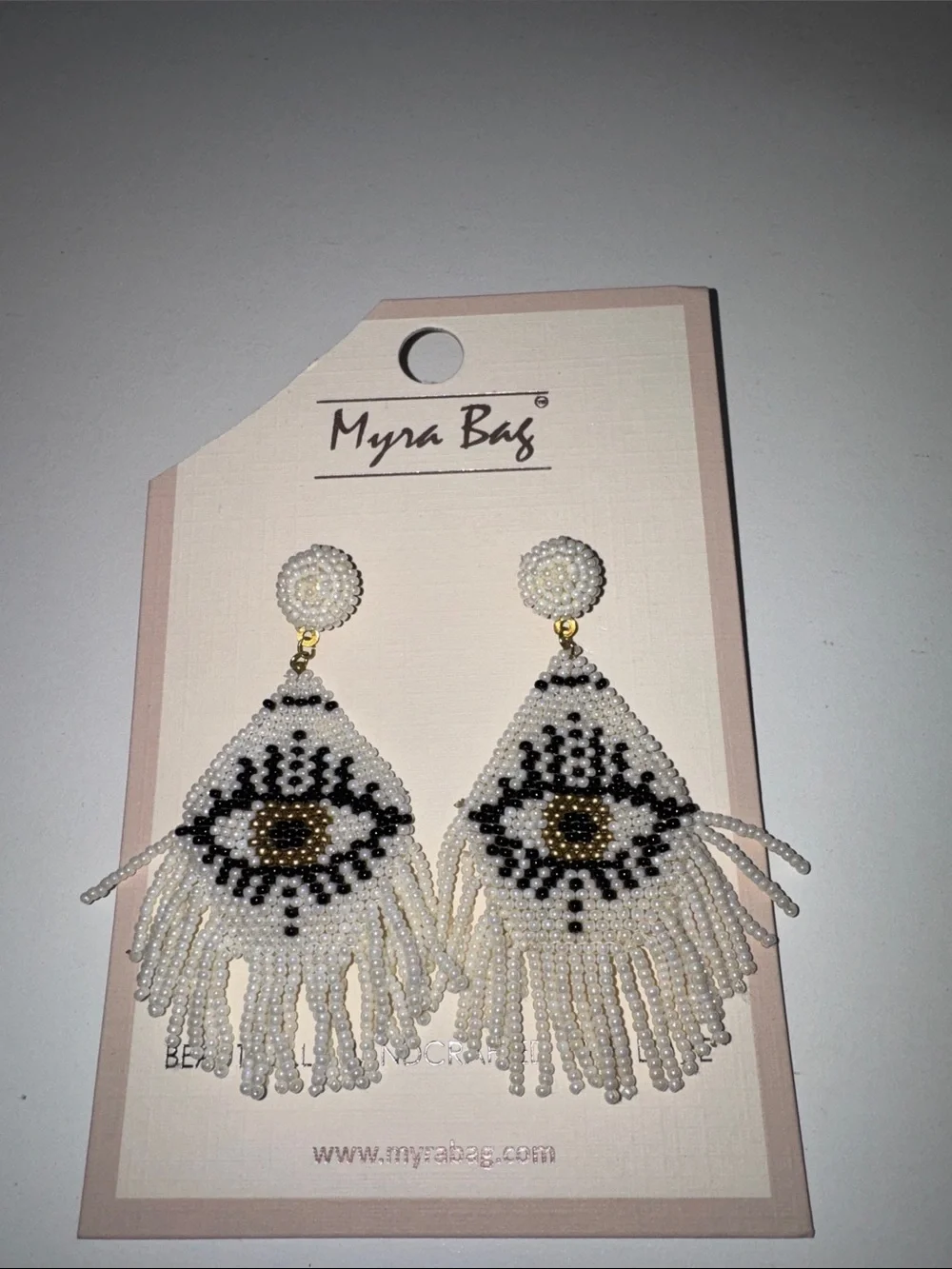 Myra Bag Eye in the Sky Evil Eye Seed Bead Fringe Earrings White Black Gold NWT